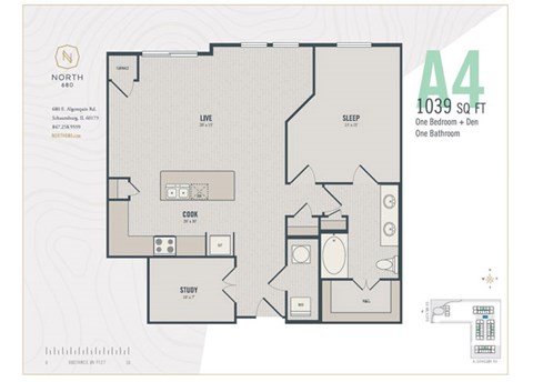 Floor plan for 1 bed, 1 bath, 1039 sqft