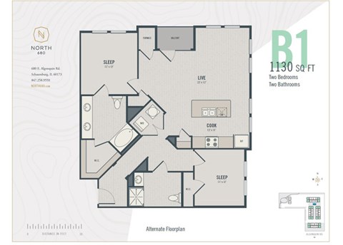 Floor plan for 2 beds, 2 baths, 1130 sqft