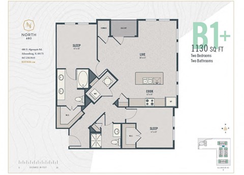 Floor plan for 2 beds, 2 baths, 1130 sqft