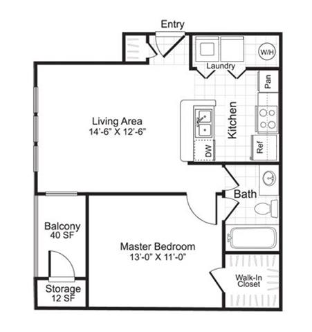 Floor plan for 1 bed, 1 bath, 633 sqft