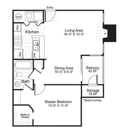 Floor plan for 1 bed, 1 bath, 815 sqft