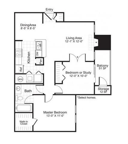 Floor plan for 1 bed, 1 bath, 894 sqft