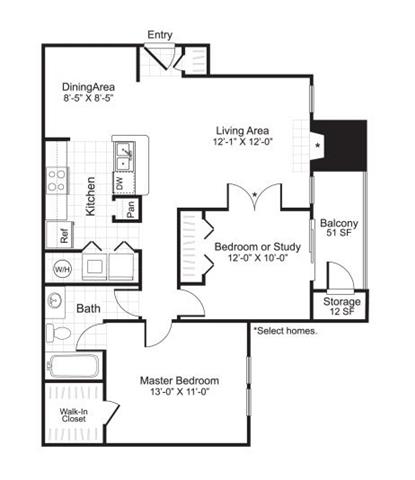 Floor plan for 2 beds, 1 bath, 894 sqft