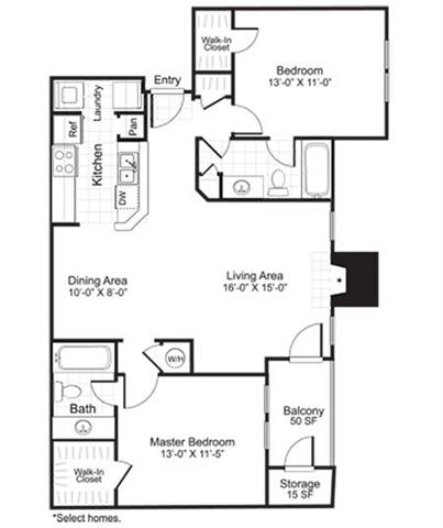Floor plan for 2 beds, 2 baths, 1057 sqft