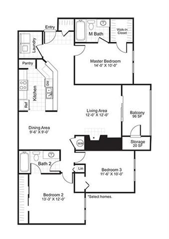 Floor plan for 3 beds, 2 baths, 1342 sqft
