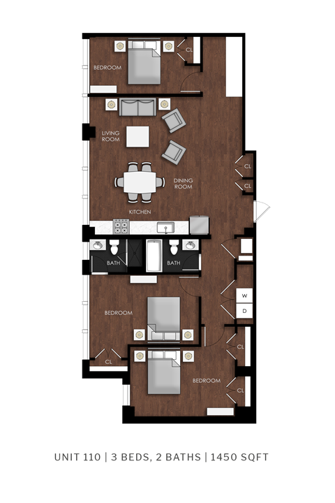 Floor plan for 3 beds, 2 baths, 1420 sqft