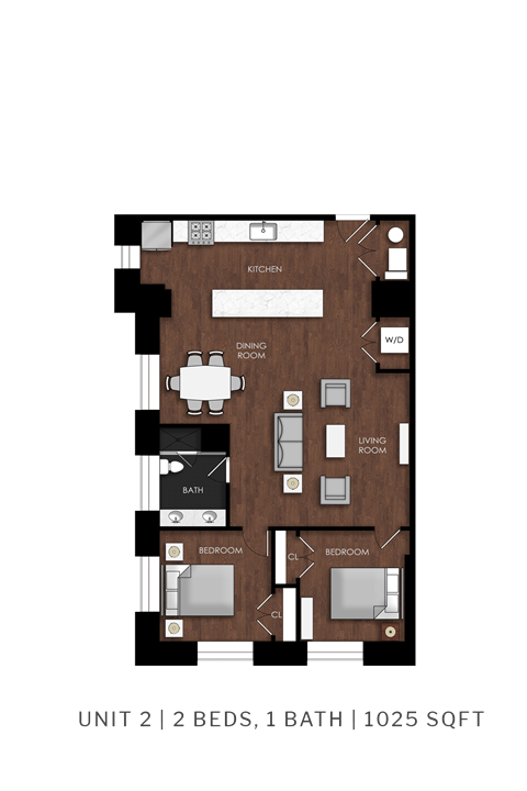 Floor plan for 2 beds, 1 bath, 880 sqft