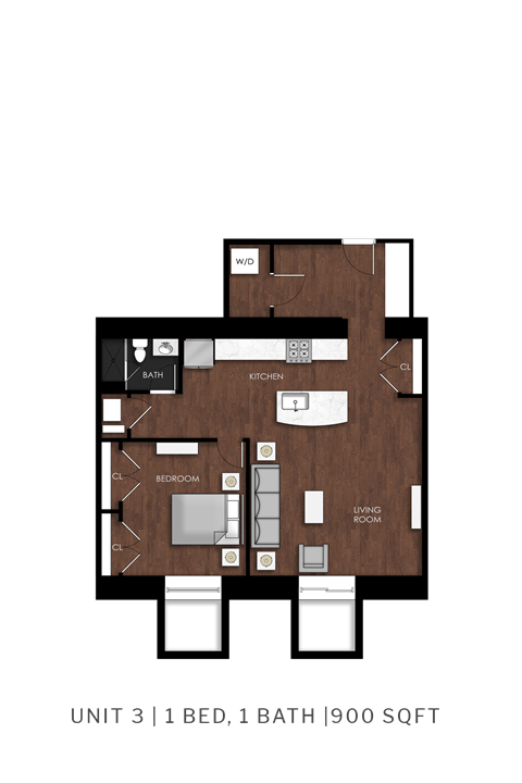 Floor plan for 1 bed, 1 bath, 820 sqft