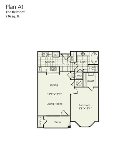 Floor plan for 1 bed, 1 bath, 716 sqft