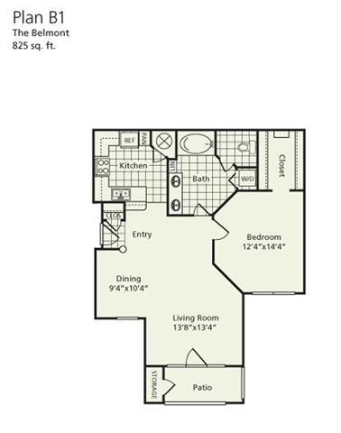 Floor plan for 1 bed, 1 bath, 825 sqft