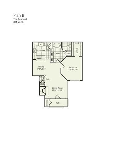 Floor plan for 1 bed, 1 bath, 821 sqft