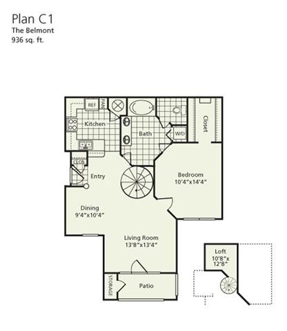 Floor plan for 1 bed, 1 bath, 936 sqft