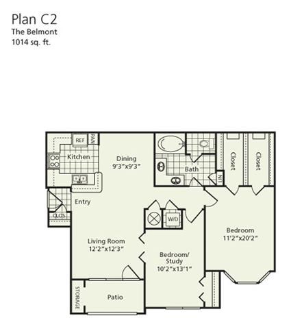 Floor plan for 1 bed, 1 bath, 1014 sqft