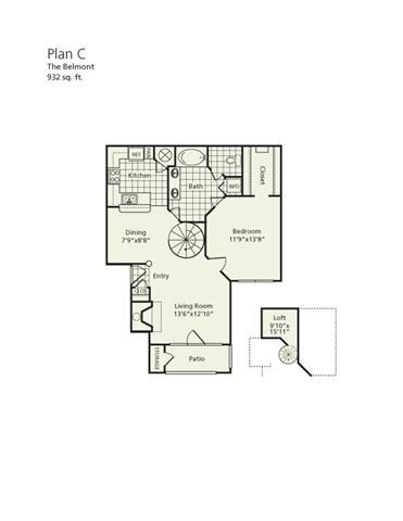 Floor plan for 1 bed, 1 bath, 932 sqft