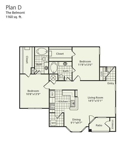 Floor plan for 2 beds, 2 baths, 1160 sqft