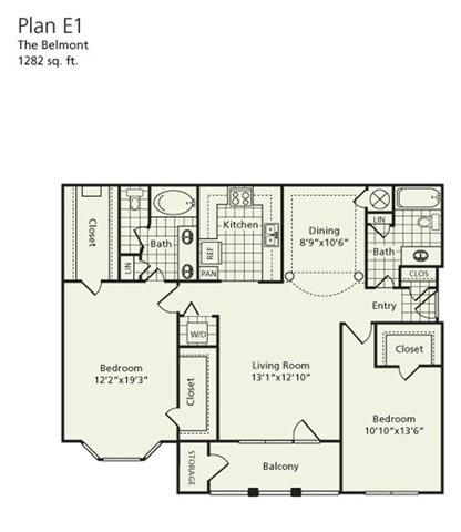 Floor plan for 2 beds, 2 baths, 1282 sqft