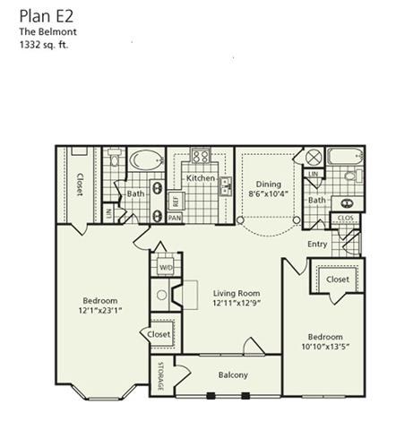 Floor plan for 2 beds, 2 baths, 1332 sqft