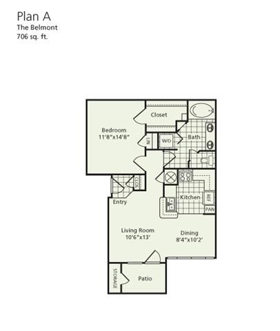 Floor plan for 1 bed, 1 bath, 706 sqft