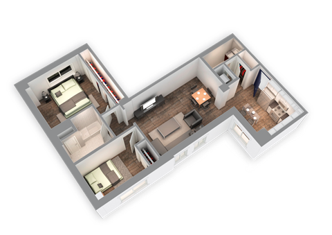 Floor plan for 2 beds, 1.5 baths, 1035 sqft