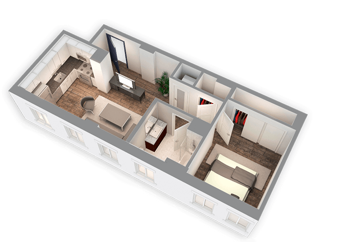 Floor plan for 1 bed, 1 bath, 625 sqft