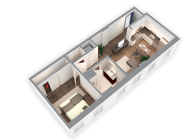Floor plan for 1 bed, 1 bath, 644 sqft
