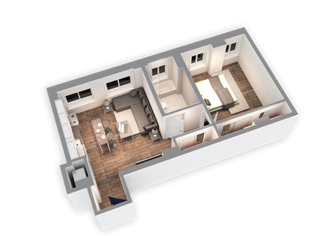 Floor plan for 1 bed, 1 bath, 662 sqft