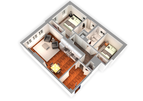 Floor plan for 2 beds, 2 baths, 1068 sqft