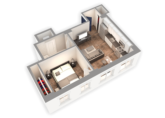 Floor plan for 1 bed, 1 bath, 580 sqft