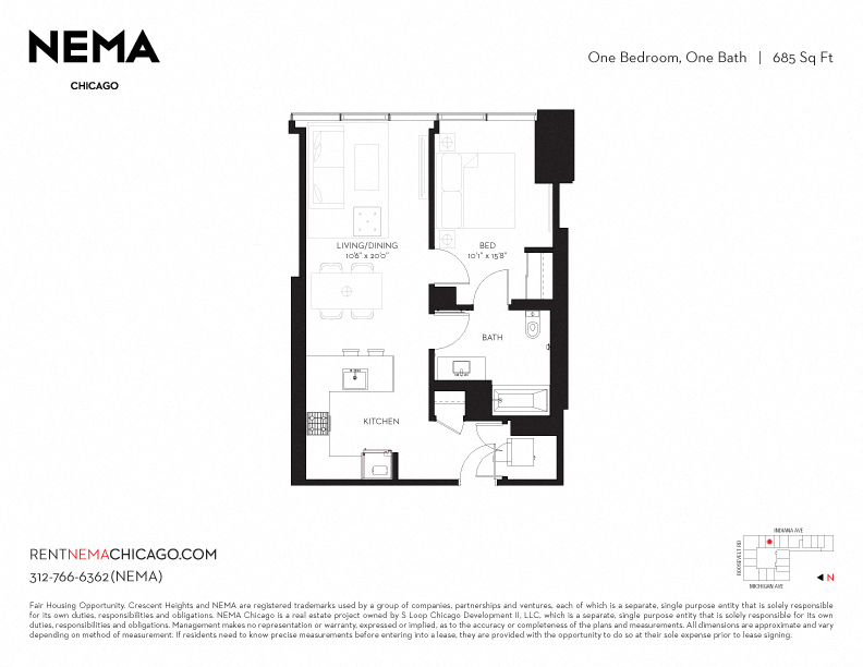 Floor plan for 1 bed, 1 bath, 685 sqft