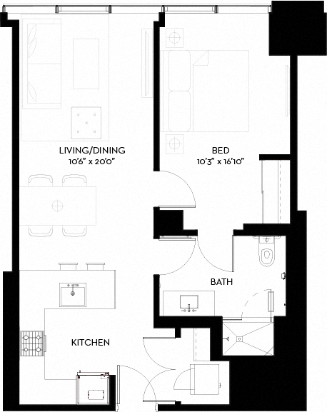Floor plan for 1 bed, 1 bath, 687 sqft