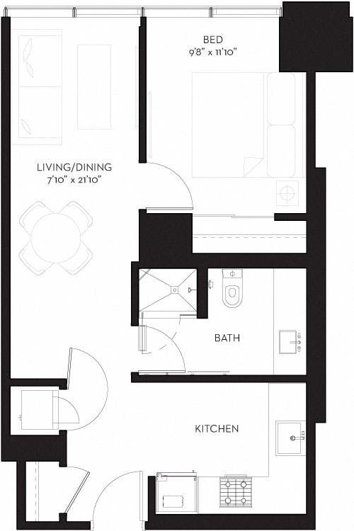 Floor plan for 1 bed, 1 bath, 580 sqft