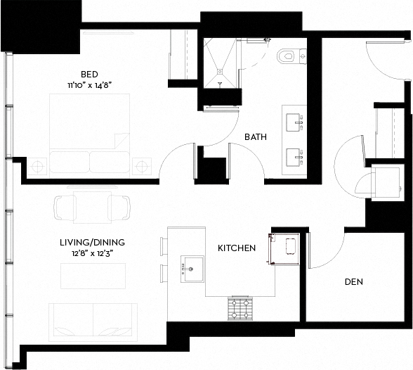 Floor plan for 1 bed, 1 bath, 762 sqft