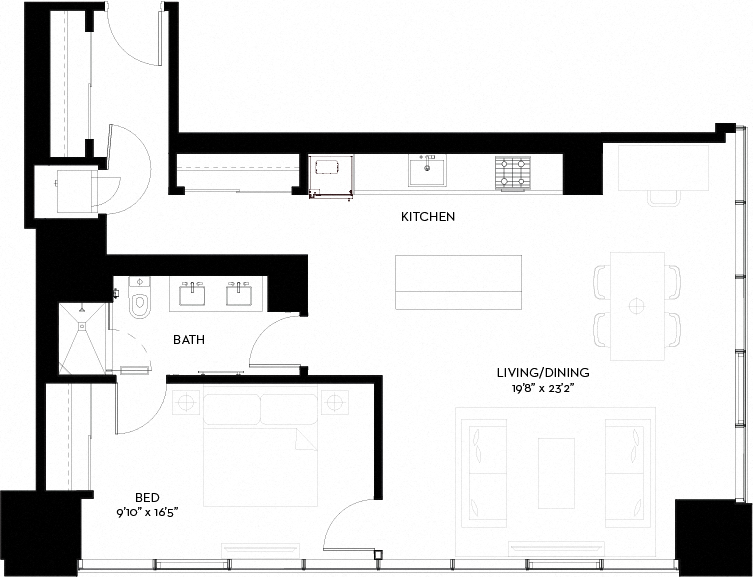 Floor plan for 1 bed, 1 bath, 991 sqft