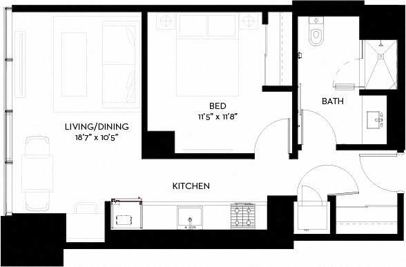 Floor plan for 1 bed, 1 bath, 706 sqft