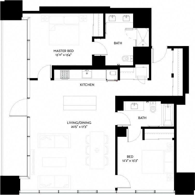 Floor plan for 2 beds, 2 baths, 1290 sqft