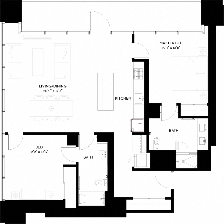 Floor plan for 2 beds, 2 baths, 1271 sqft