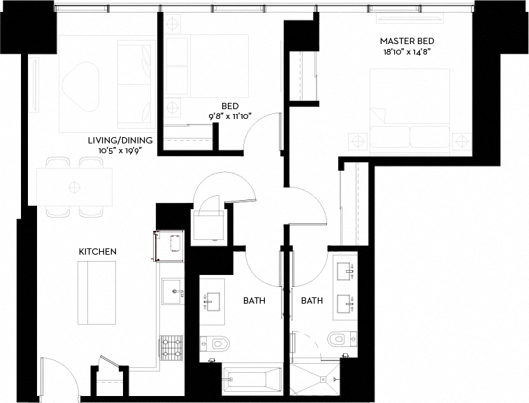 Floor plan for 2 beds, 2 baths, 962 sqft