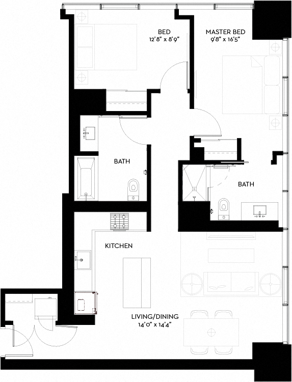 Floor plan for 2 beds, 2 baths, 1027 sqft