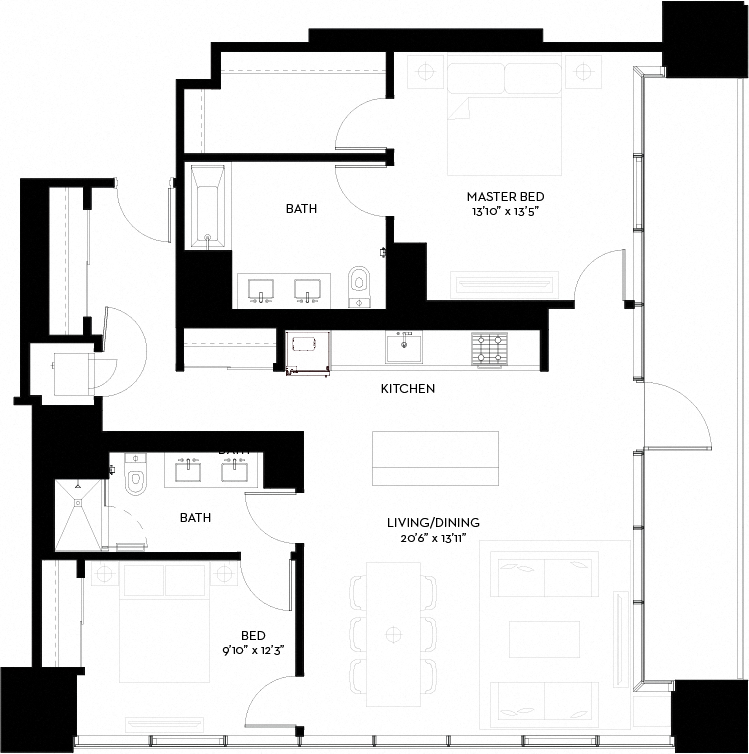 Floor plan for 2 beds, 2 baths, 1269 sqft