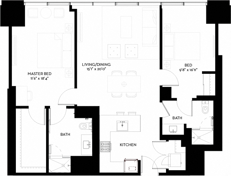Floor plan for 2 beds, 2 baths, 1205 sqft