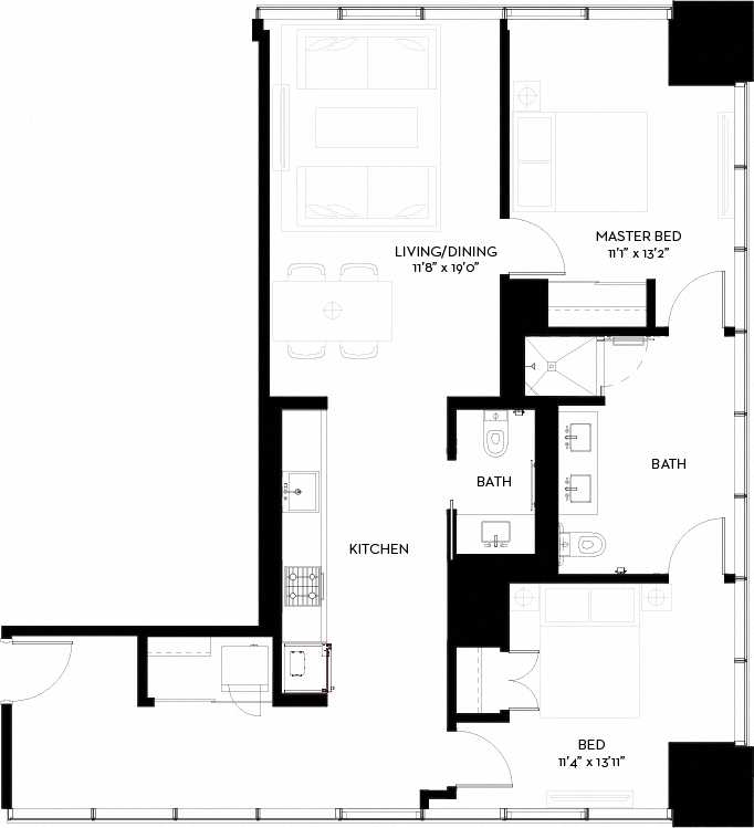 Floor plan for 2 beds, 2 baths, 1111 sqft
