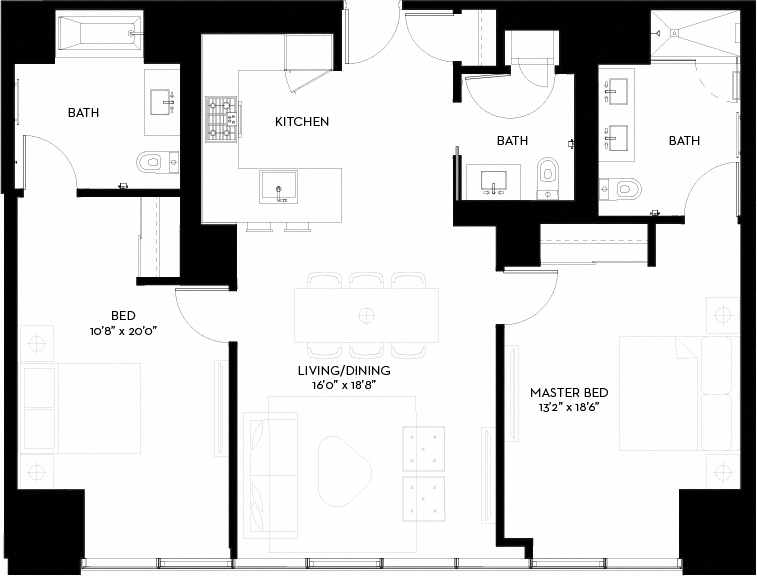Floor plan for 2 beds, 2 baths, 1260 sqft