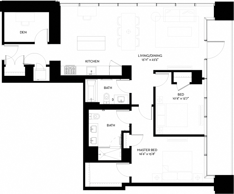 Floor plan for 2 beds, 2 baths, 1323 sqft