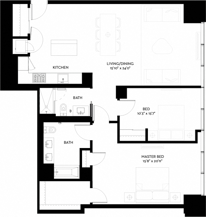 Floor plan for 2 beds, 2 baths, 1332 sqft