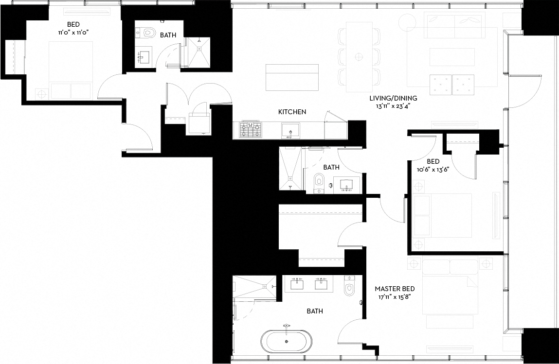 Floor plan for 3 beds, 3 baths, 1565 sqft