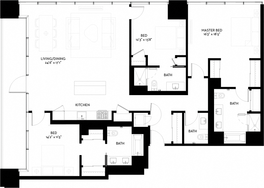 Floor plan for 3 beds, 3 baths, 1740 sqft