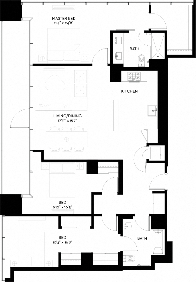 Floor plan for 3 beds, 2 baths, 1511 sqft
