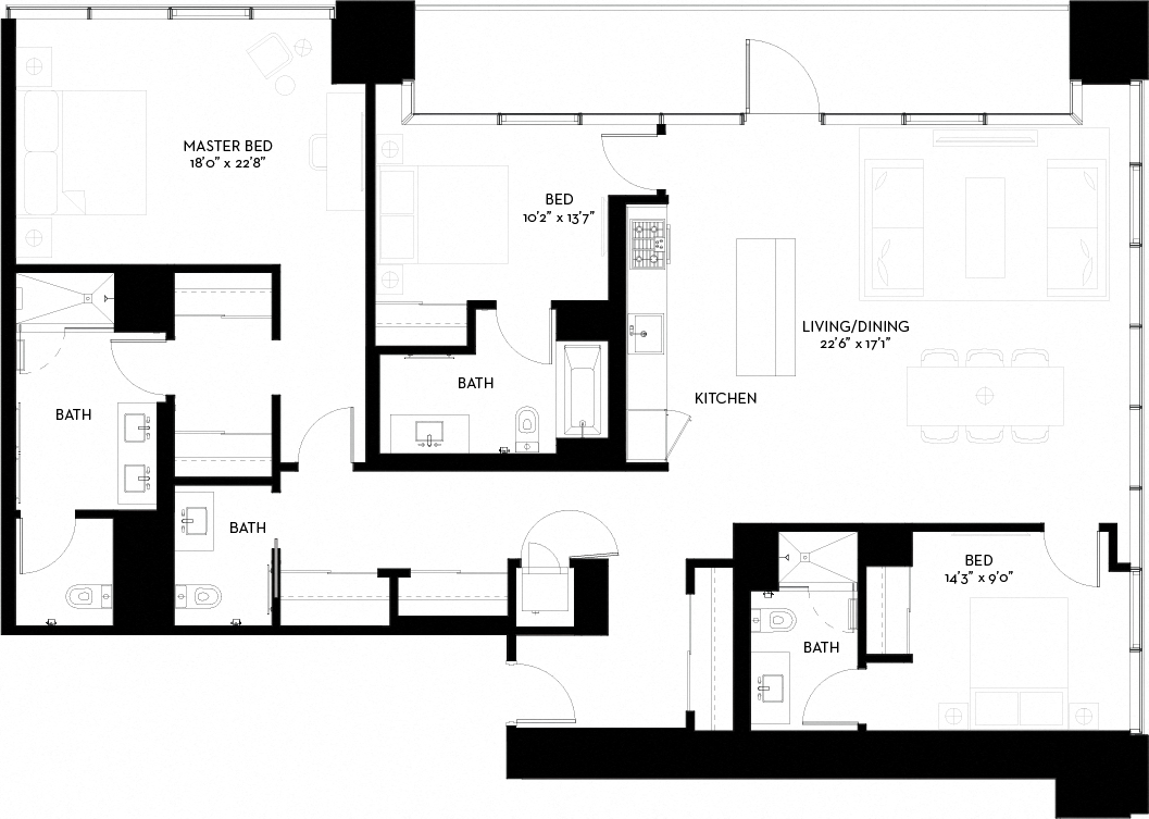 Floor plan for 3 beds, 3 baths, 1816 sqft