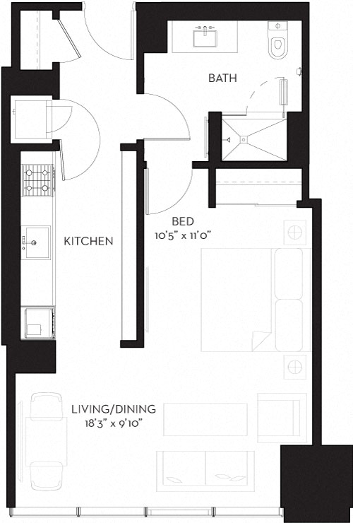 Floor plan for studio, 1 bath, 583 sqft