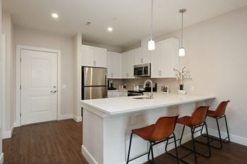 Designer kitchens featuring stainless steel appliances, calacatta quartz counter-tops, tile back-splash, and over-sized cabinets